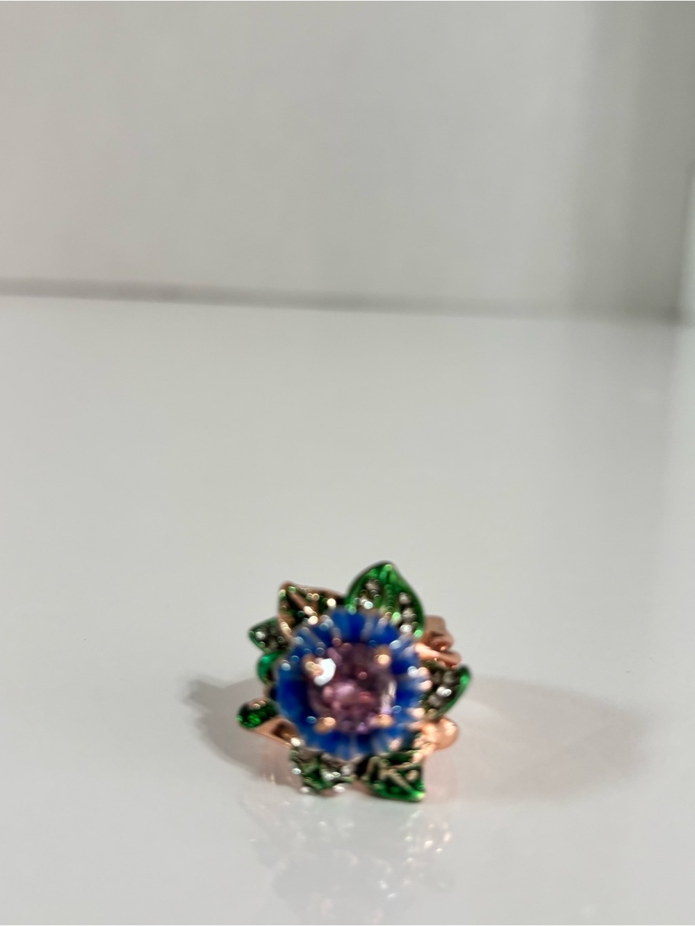 925 silver Rose Gold & Pink synthetic Zirconia Ring & Green / Purple Enamel 7 - Picture 8 of 8